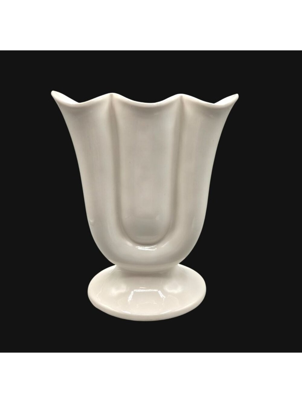 Vintage Hall USA White Ceramic Tulip Vase Scalloped Rim Pedestal Base 10 Inch